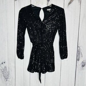 Midnight Doll Black Full Sequin Shorts Romper Tie Waist Sz XS Long Sleeve